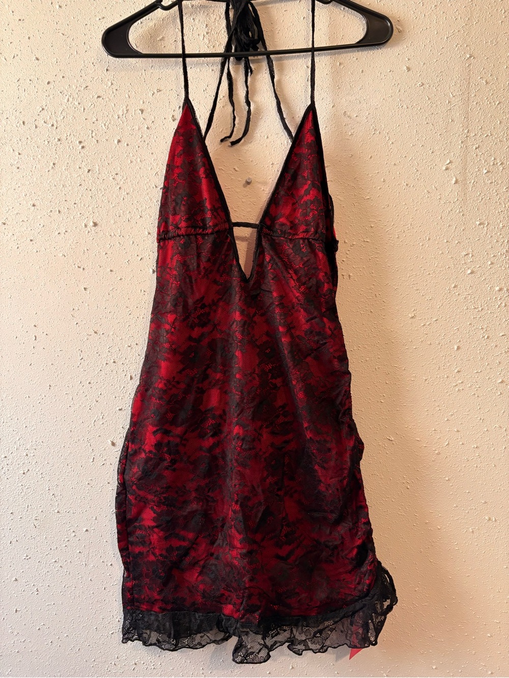 SHEIN Red and Black Lace Halter Chemise
